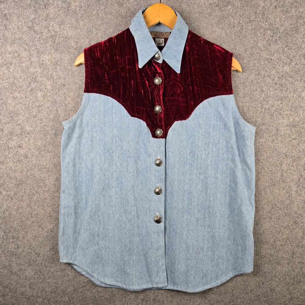 Double D Ranch Wear Vest Womens L Blue Denim Red Velvet Western Concho Buttons